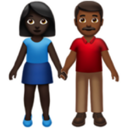 woman and man holding hands: dark skin tone, medium-dark skin tone emoji