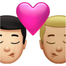 kiss: man, man, light skin tone, medium-light skin tone emoji