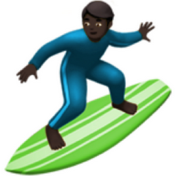 man surfing: dark skin tone emoji