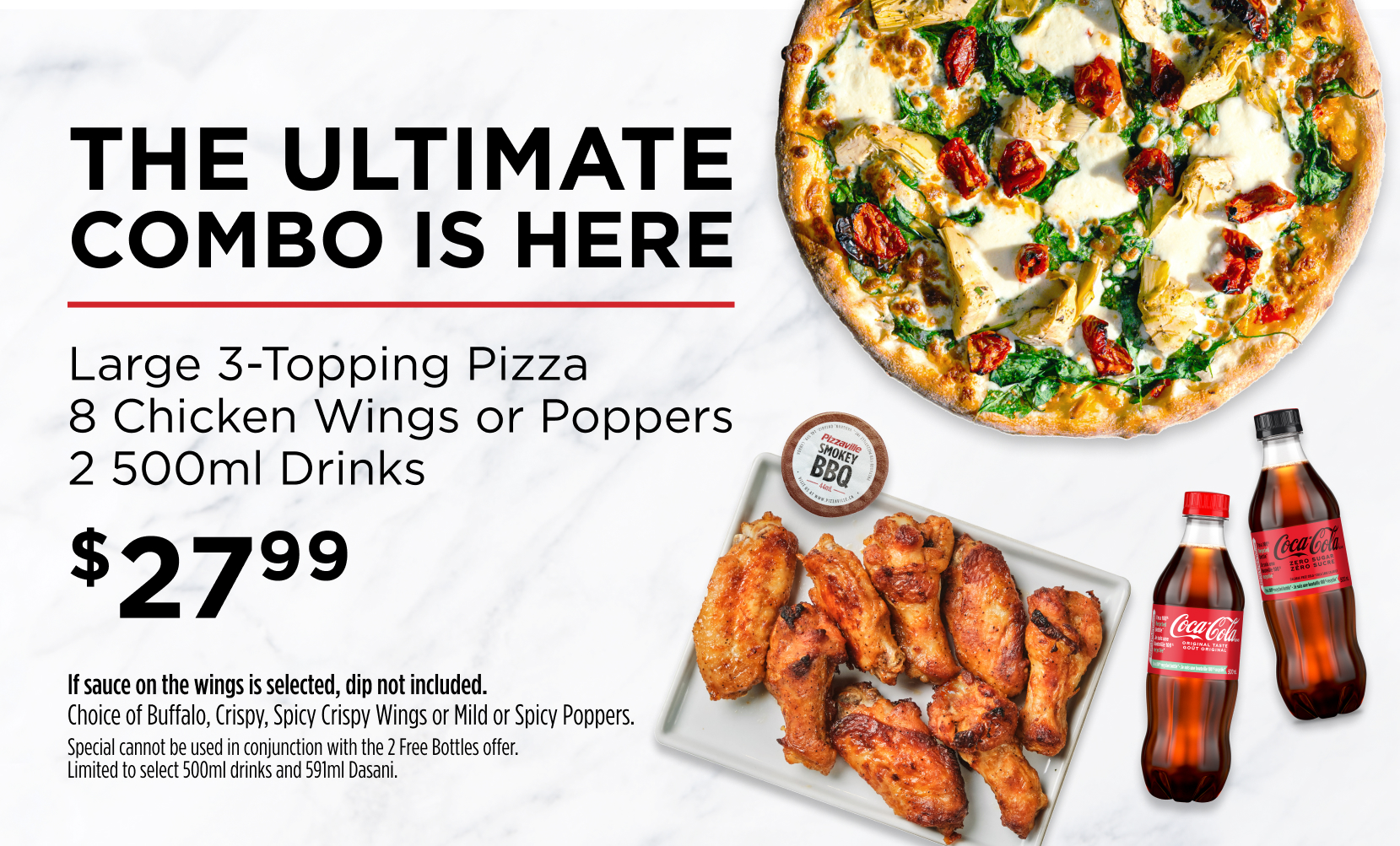 Large 3 Topping with 8 Wings or Poppers 2 Select Beverages