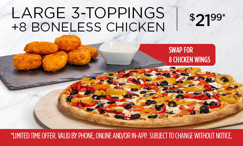 l8w1 1 large, 3 toppings, 8 wings, 2 dips