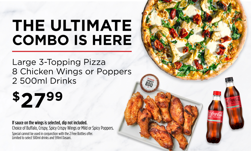 Large 3 Topping with 8 Wings or Poppers 2 Select Beverages
