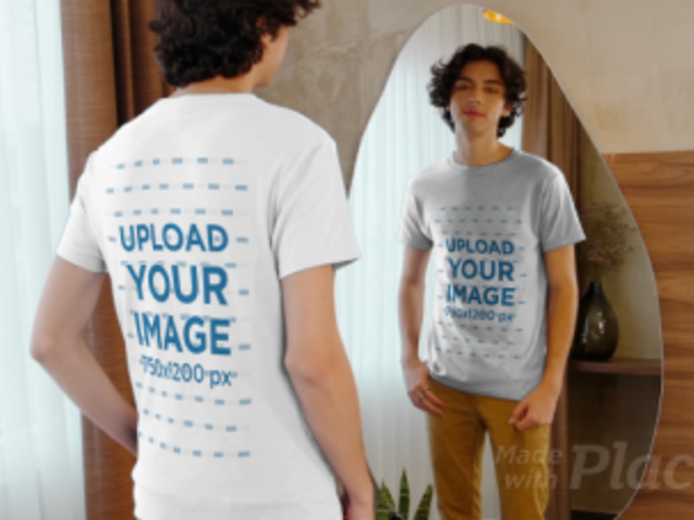 T-Shirt Video of a Young Man Looking at Himself in a Mirror 3995v