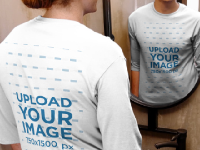 Three-Quarter Sleeve Tee Video of a Smiling Man Standing in Front of a Mirror 3997v