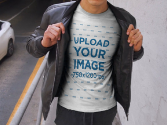 T-Shirt Video of a Young Man Wearing a Leather Garment 3582v