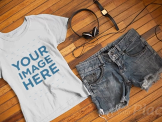 T-Shirt Video Mockup with a Watch and Shorts Outfit Lying on a Wooden Table a13092