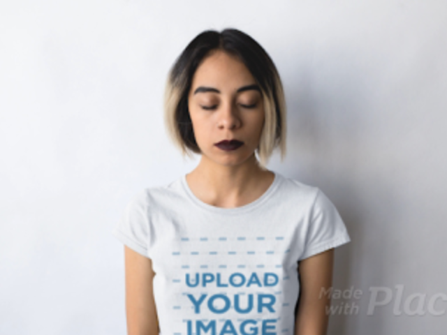 Edgy Girl With Paper Airplane Circling Her Head Wearing a Round Neck Tee Stop Motion Mockup a13604b