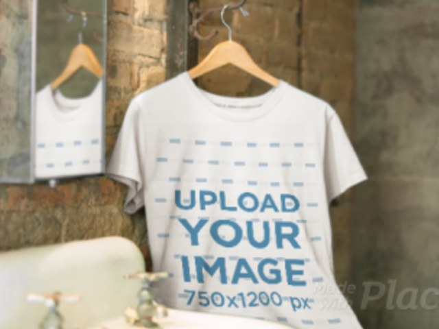 T-Shirt Video Mockup in a Hanger Inside a Vintage Bathroom a13138