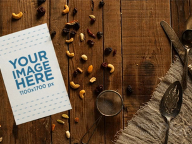 Flyer on a Wooden Table With Bread Disappearing Stop Motion a13726