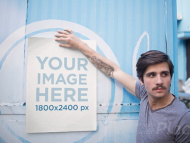 Hipster Young Man Holding a Poster in Stop Motion on a Foodtruck a13656