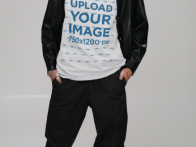 T-Shirt Video Featuring a Short-Haired Woman Posing With a Leather Jacket at a Studio 6590v