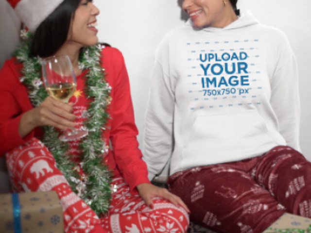 Gildan Hoodie Video Featuring a Smiling Woman Celebrating Xmas With a Friend 7317v