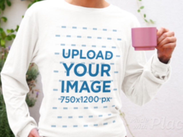 Bella Canvas Long-Sleeve Tee Video Featuring a Cropped-Face Woman With a Small Pink Mug 8179v