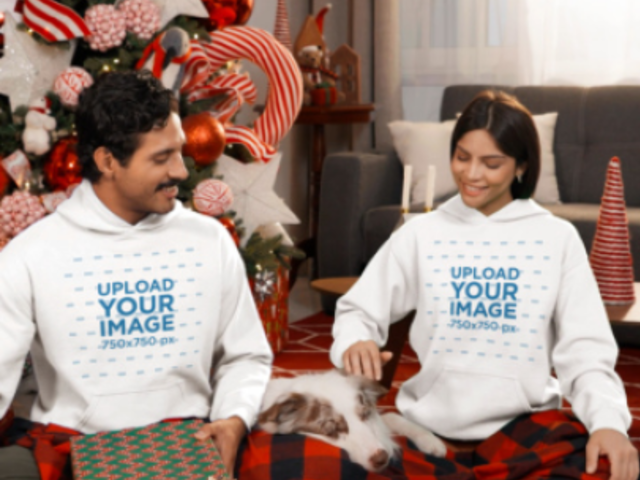 Gildan Hoodie Video of a Cheerful Couple in a Xmas Celebration With Their Dog 9018v