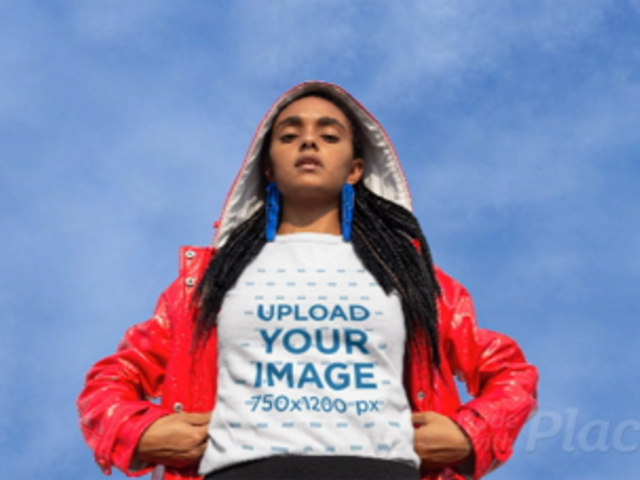 T-Shirt Video with Parallax Effect Featuring a Woman Wearing a Bright Red Jacket 25448
