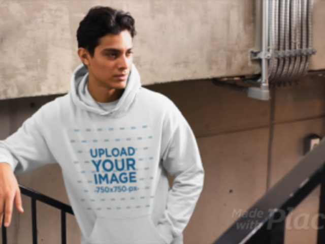 Pullover Hoodie Video of a Man Posing on a Staircase 32016