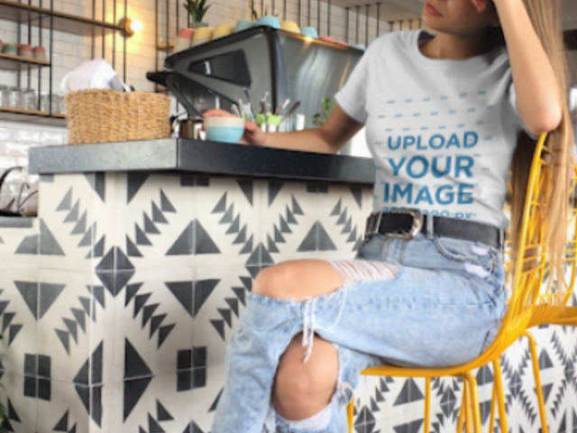 T-Shirt Video of a Young Woman at a Cafe 23168