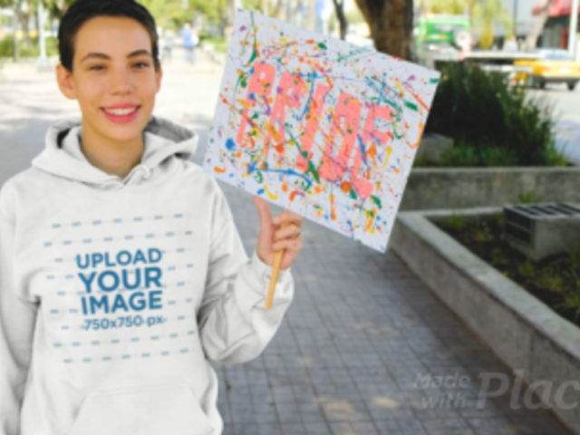 Pullover Hoodie Video of a Young Woman Holding an LGBT Pride Sign 33377
