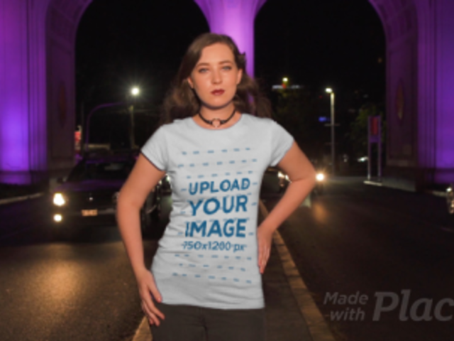 T-Shirt Video of a Woman Posing on a Street at Night 3028v