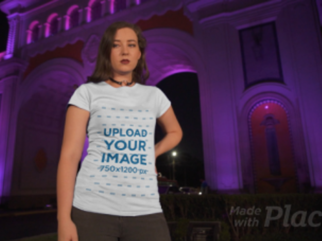 T-Shirt Video of a Woman Posing at Night by an Urban Arch 3027v