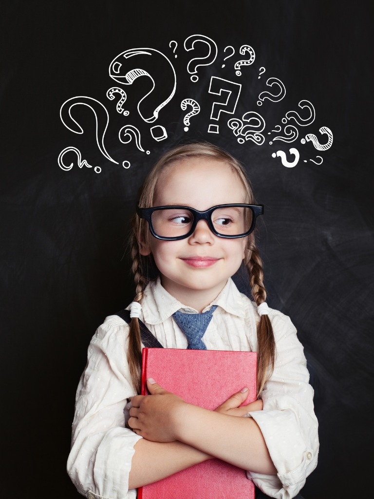 cute-child-schoolgirl-with-question-marks-and-book-picture-id1019219884 girl thinking with question marks and book