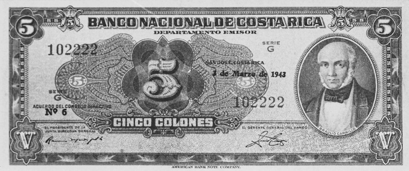 1943-1949 Costa Rica 5 Colones values and price guide