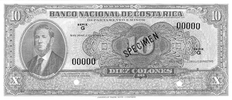 1942-1949 Costa Rica 10 Colones values and price guide