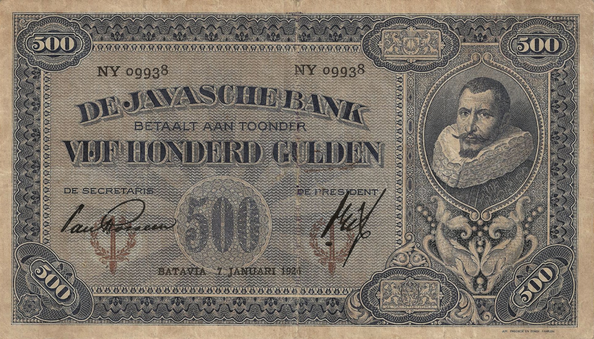 1926-1938 Netherlands Indies 500 Gulden values and price guide