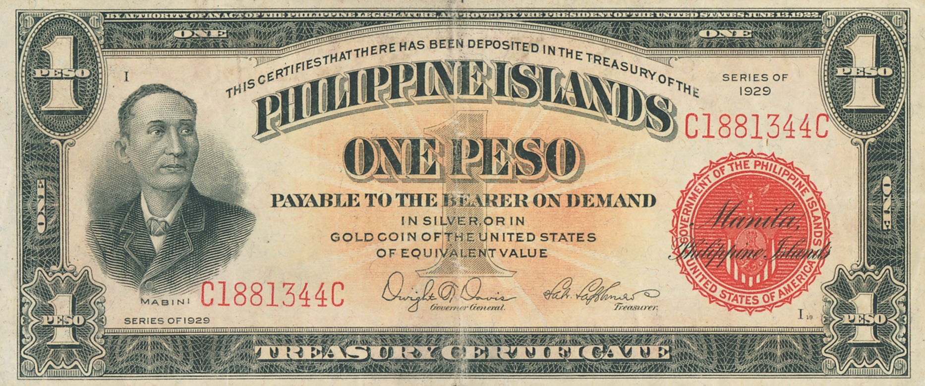 1929 Philippines 1 Peso values and price guide