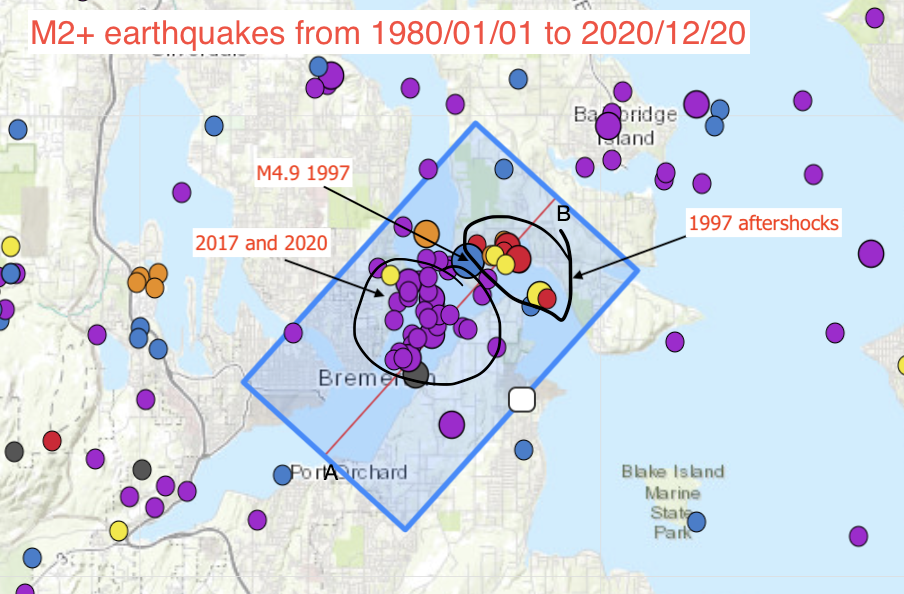 mapview M2+ earthquakes in the bremerton area