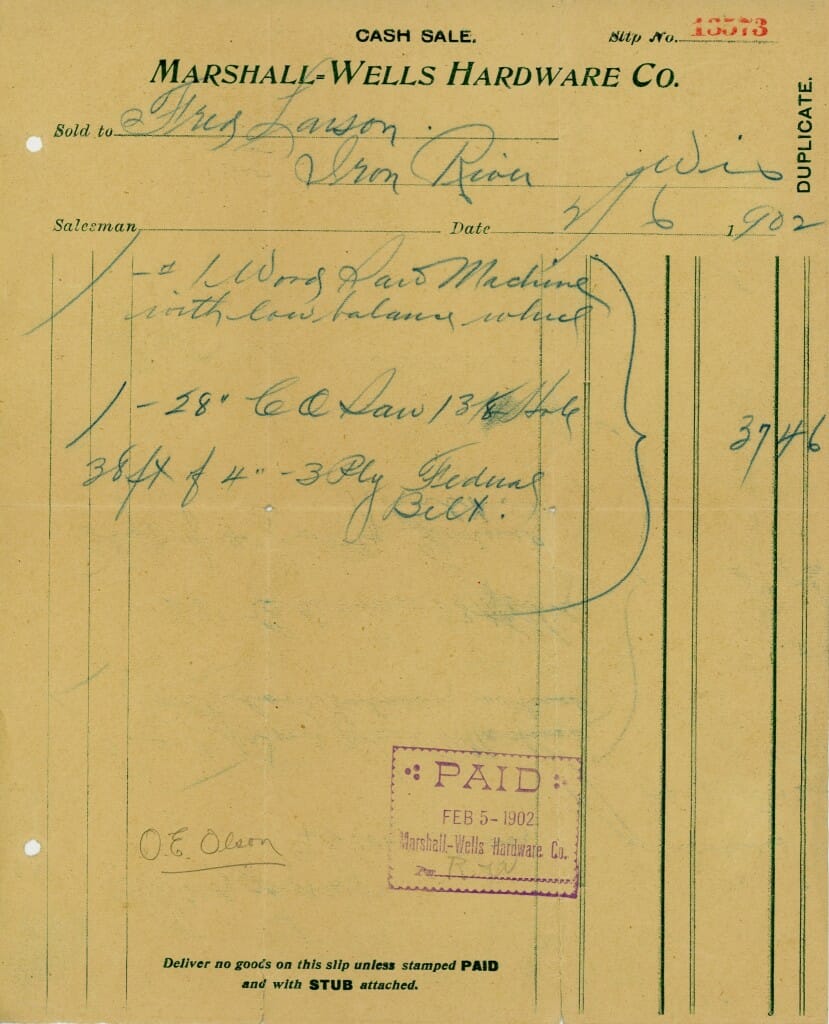 1902 Receipt for Sawmill parts
