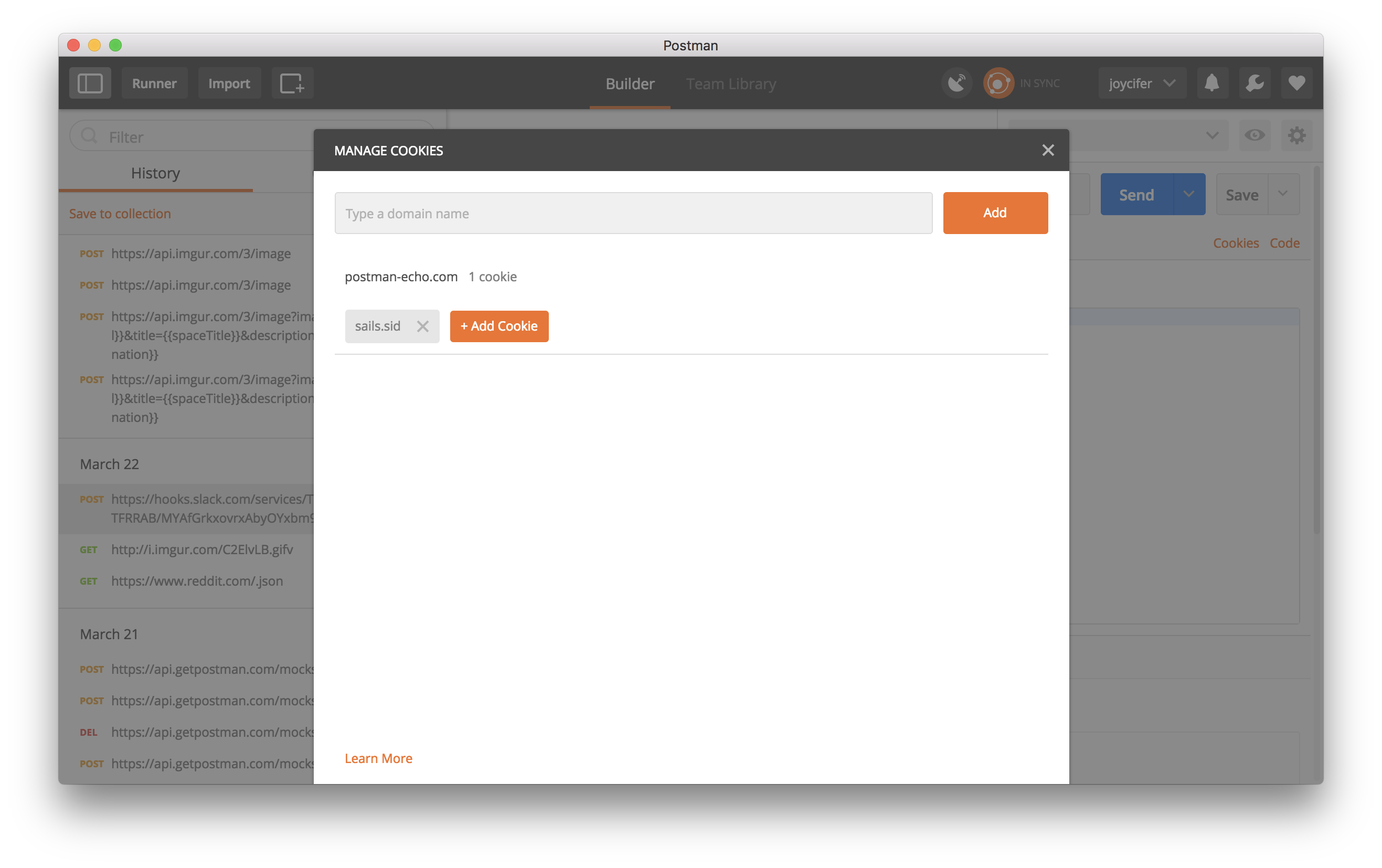 Create and capture cookies using Postman's cookie manager