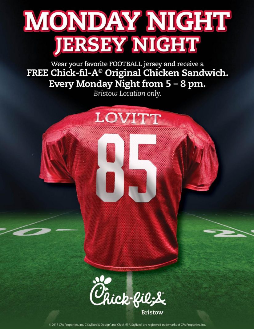 Get FREE ChickfilA Bristow on Monday nights when you wear your favorite football jersey