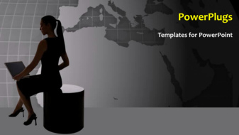  Presentation with search engine - Depiction of search engine with lady operating laptop and world map in background - widescreen format