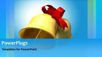  Presentation with blue ribbon - Gold wedding bell tied with red ribbon on blue surface - widescreen format