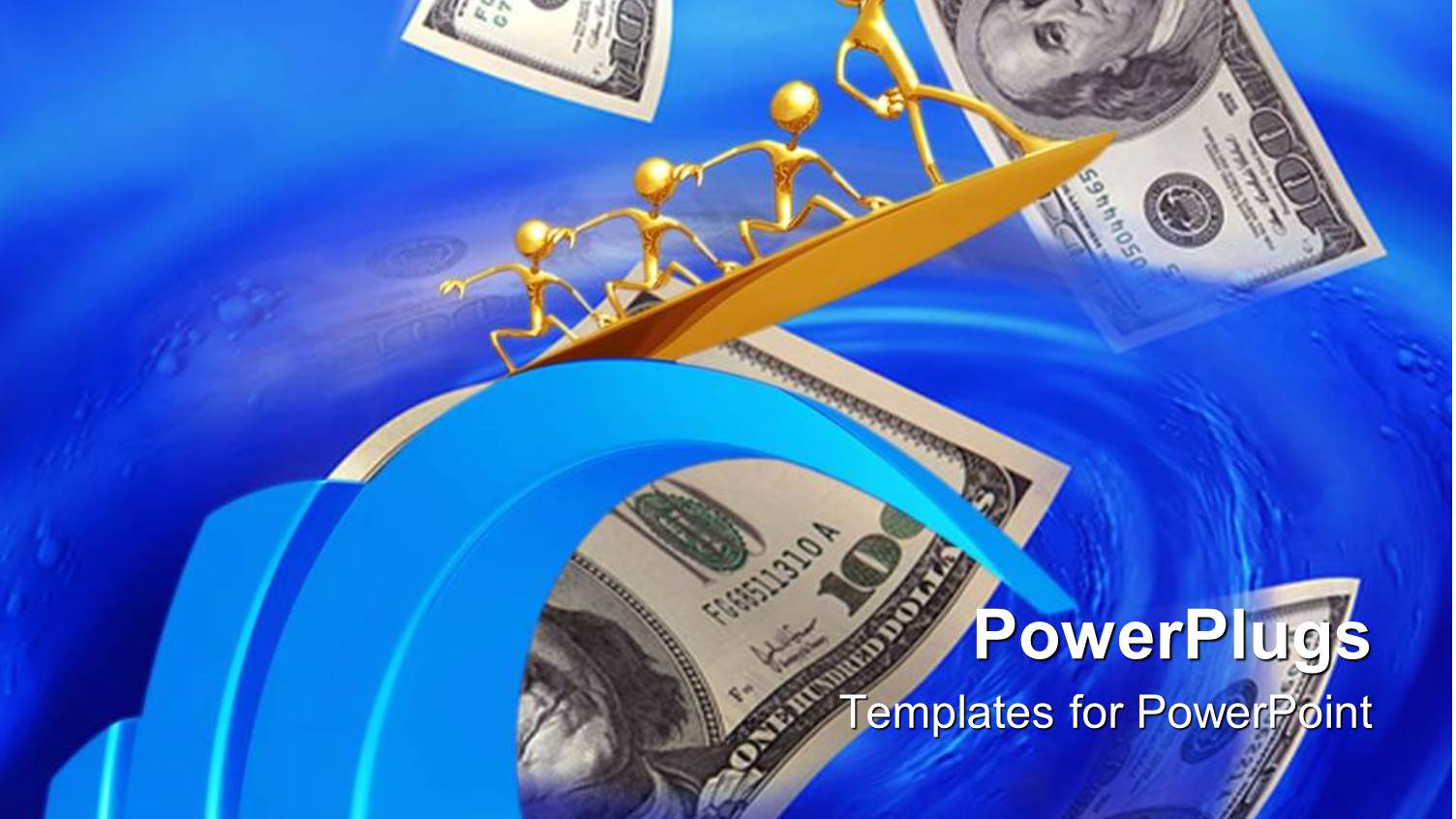 100 Dollar Bills Fluttering into Blue Water with Golden Men Surfing