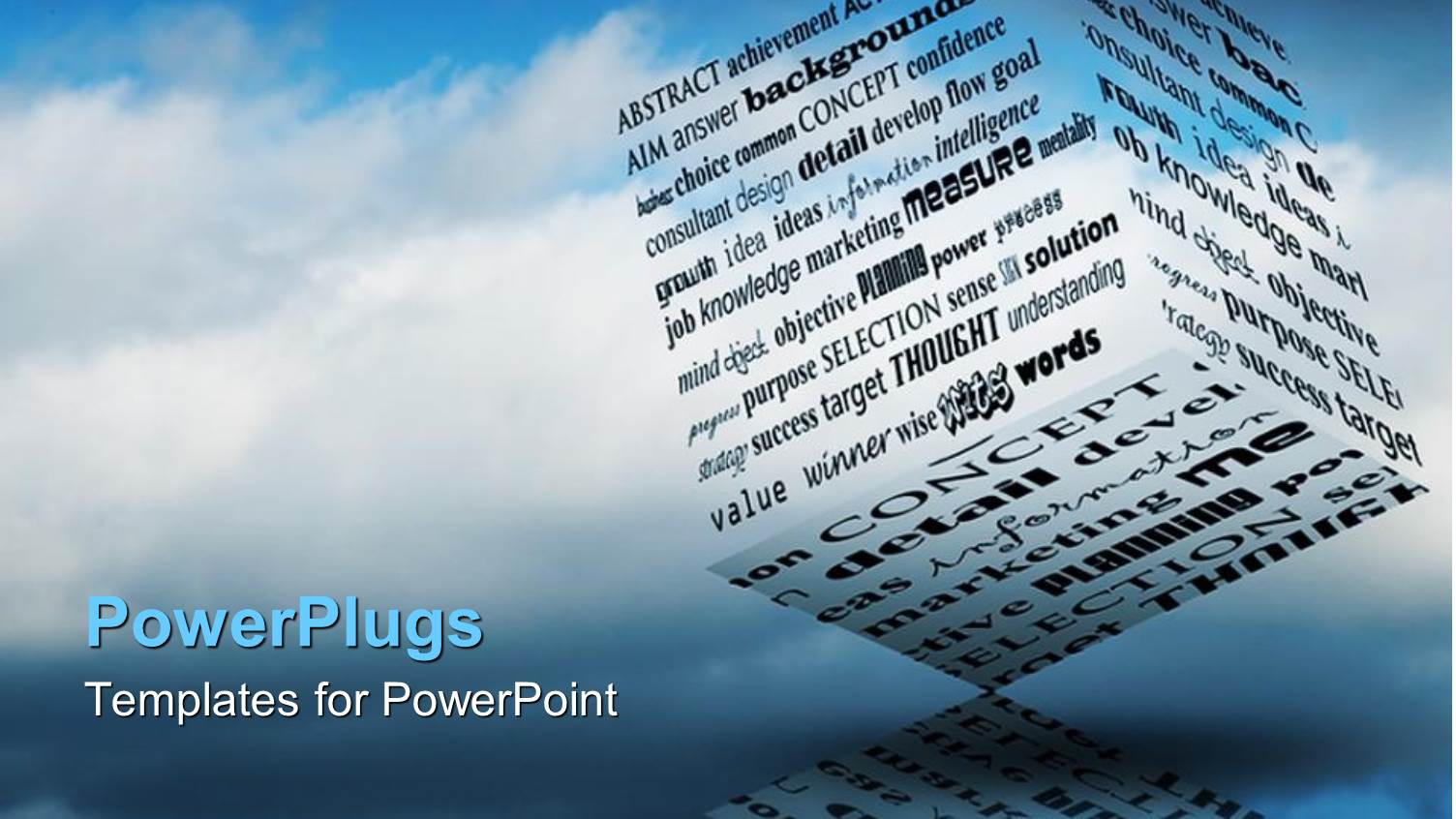 3D Block Made Up Words Related to Thinking and Information, Blue Sky Background