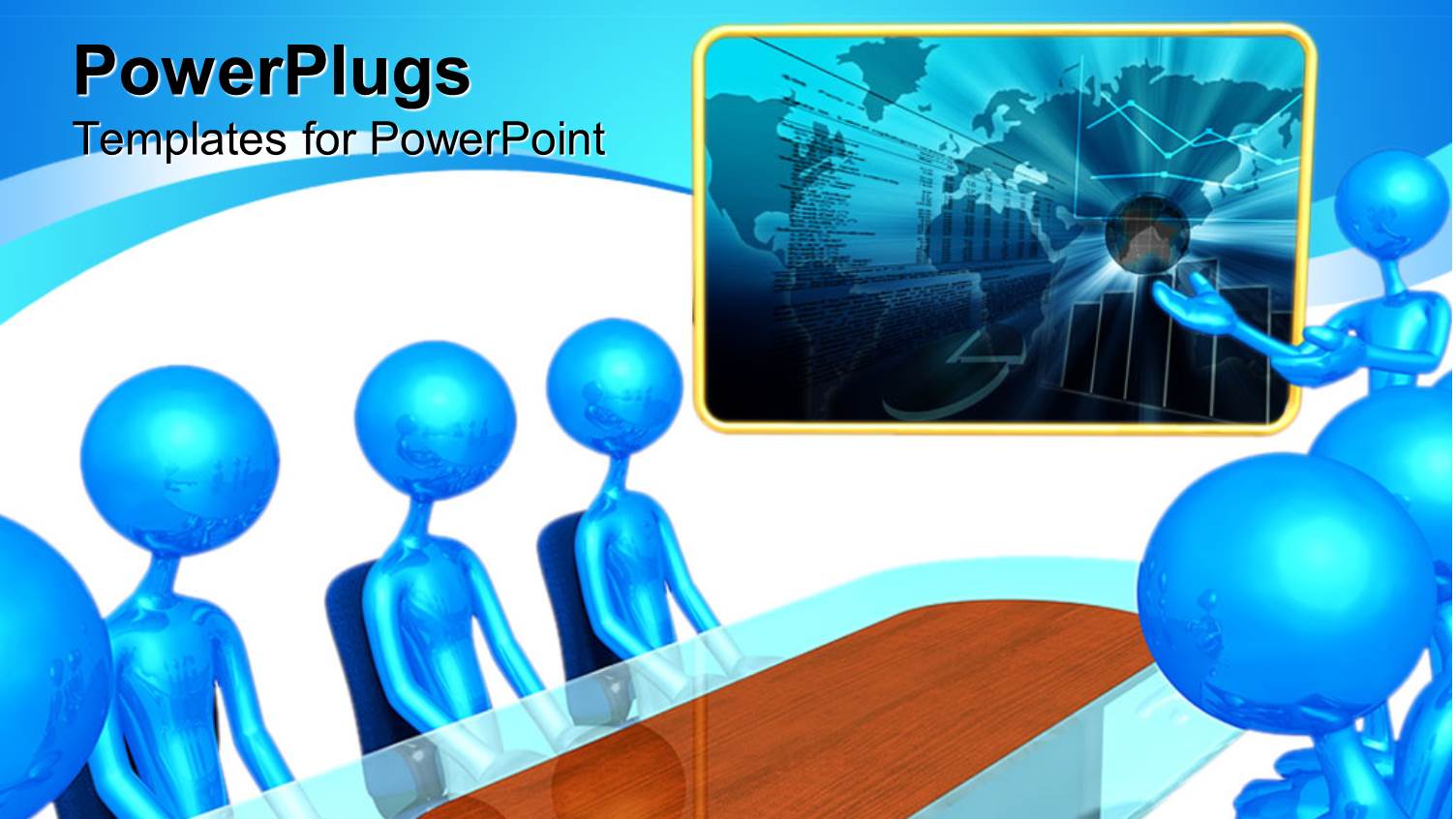 3D Blue Figures Sitting Around a Business Table and a 3D Blue Figure Presenting a Business Plan with Chart and World