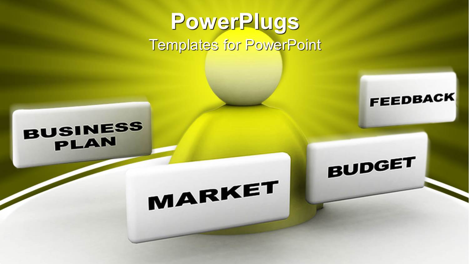 3D Bust Surrounded by White Frames Displaying Business Plan, Market, Budget and Feedback Words on Sunrays Yellow and