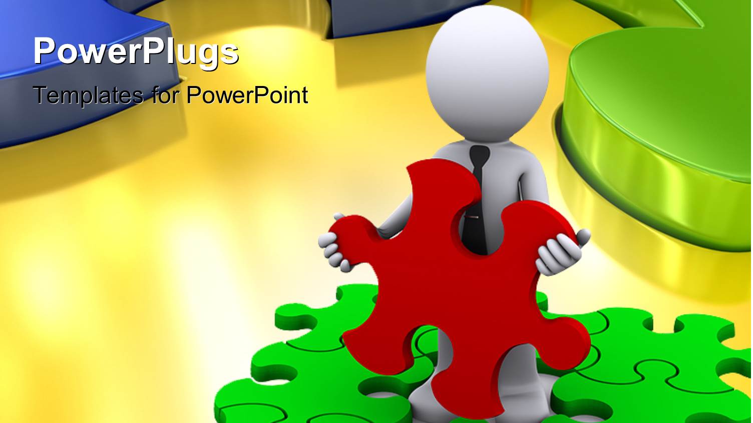 a 3D Character Holding a Red Puzzle Piece Over Green Puzzles