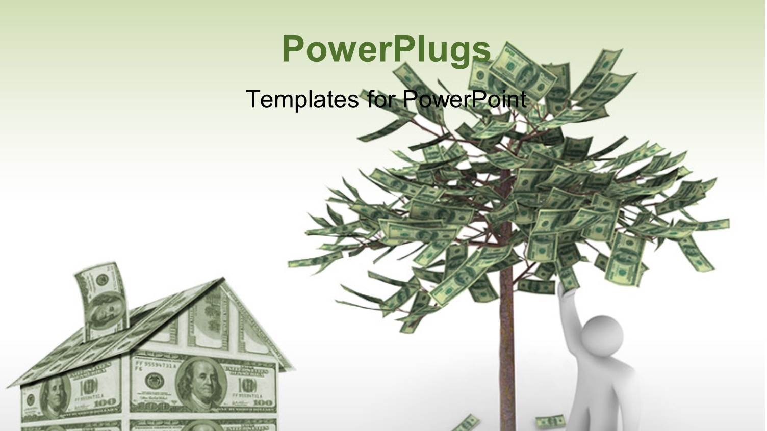 a 3D Character with a House and a Tree Made Up of Money