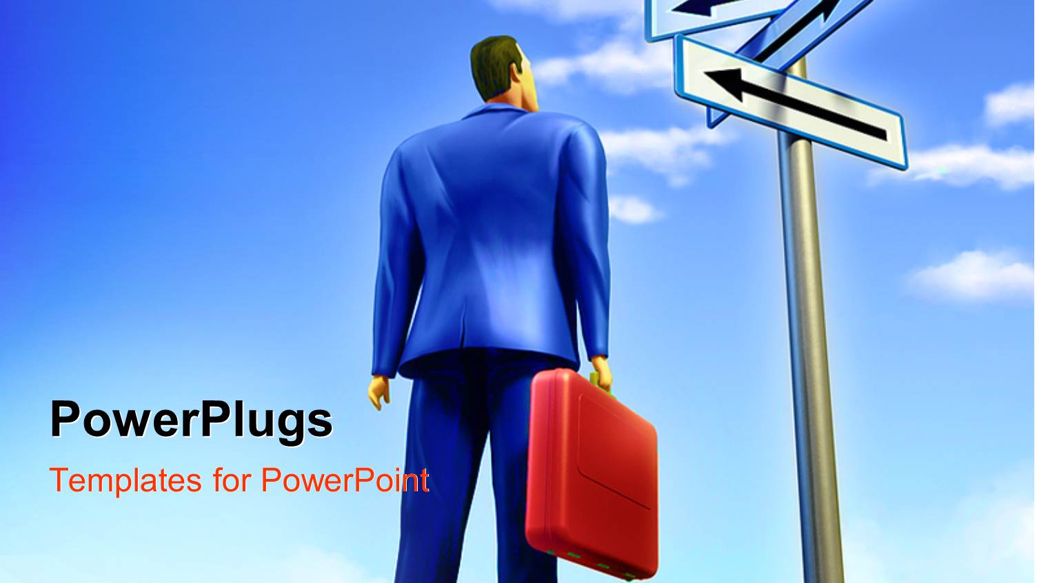 a 3D Character Looking Up at a Sign Post with Three Different Arrows