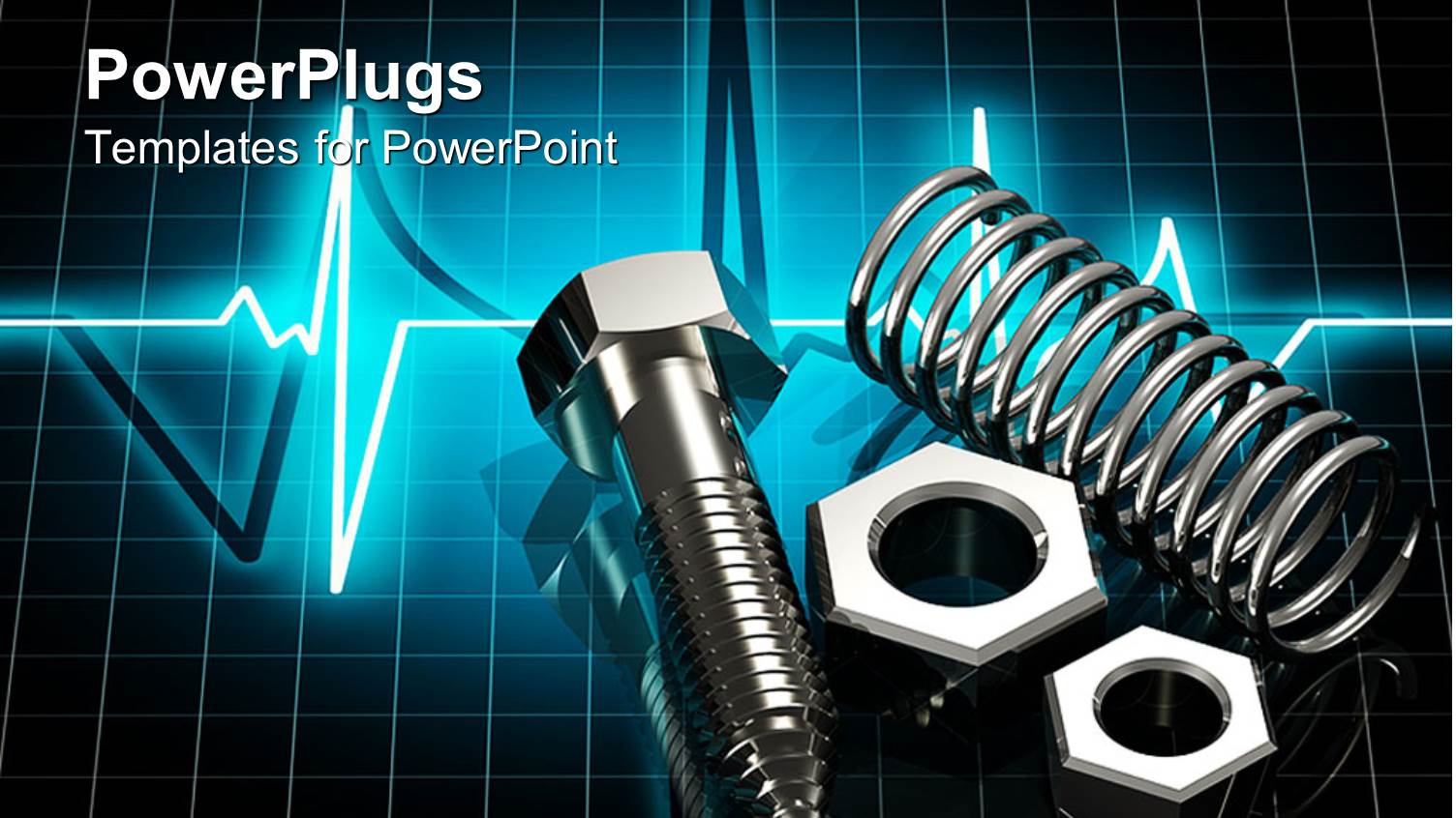 3D Chrome Metal Parts on Glowing Pulse Graphic Screen, Screws, Spring, Arch,