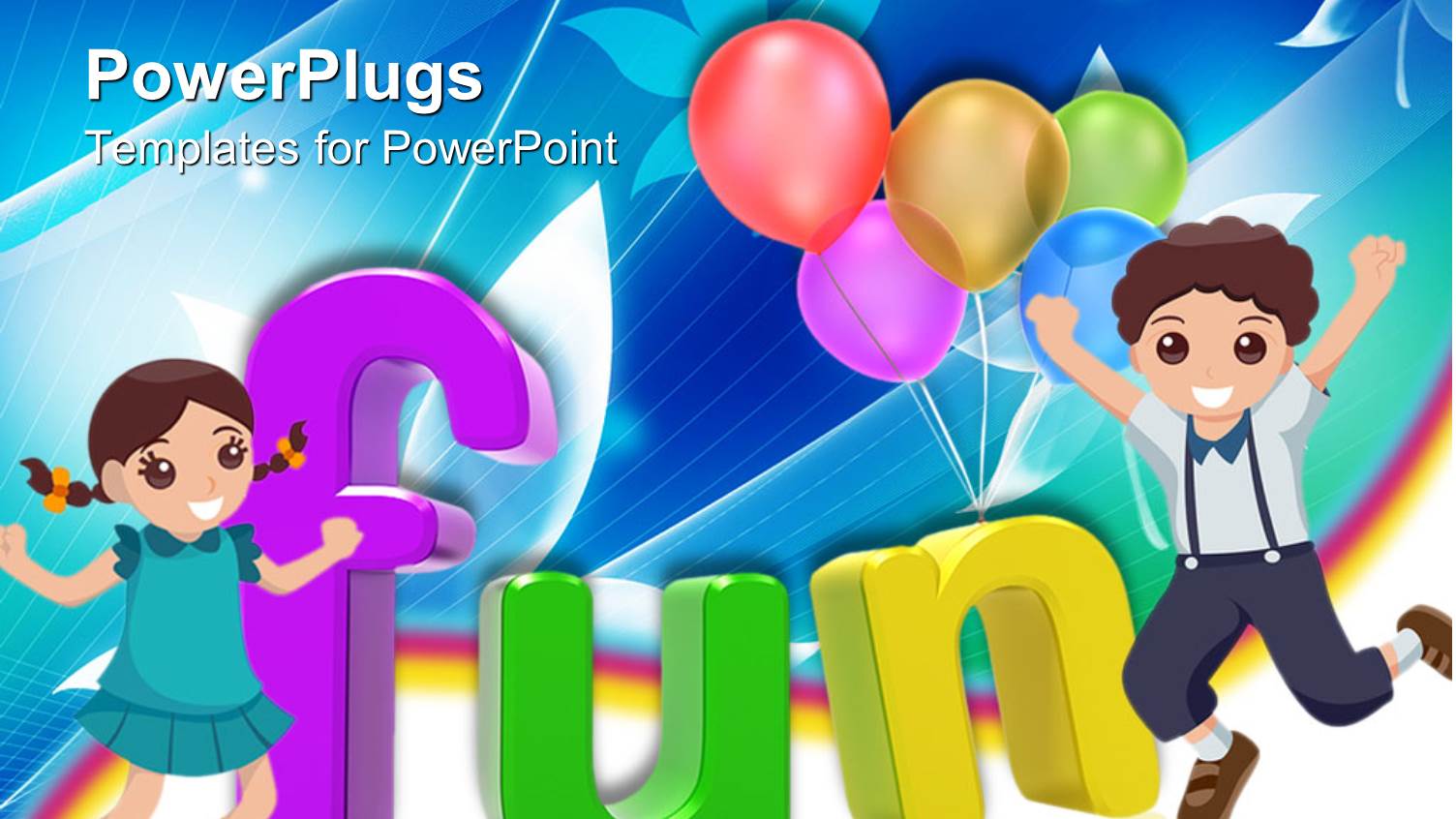 3D Colored Letters Writing the Word Fun with Happy Girl and Boy and Five Colorful Balloons on Floral and Rainbow Themed