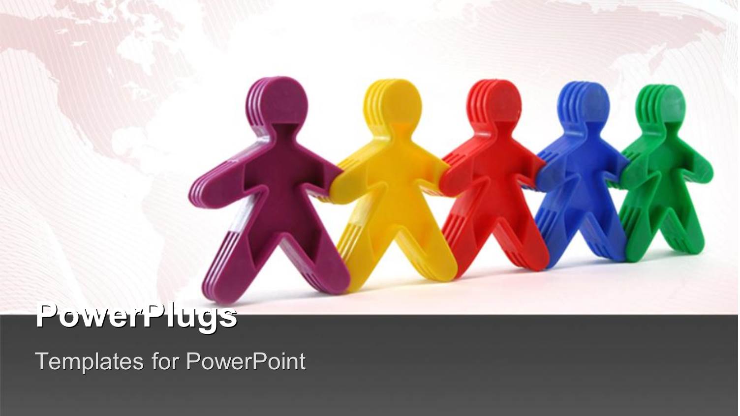 3D Colored Men Hold Hands Over World Map in Background 