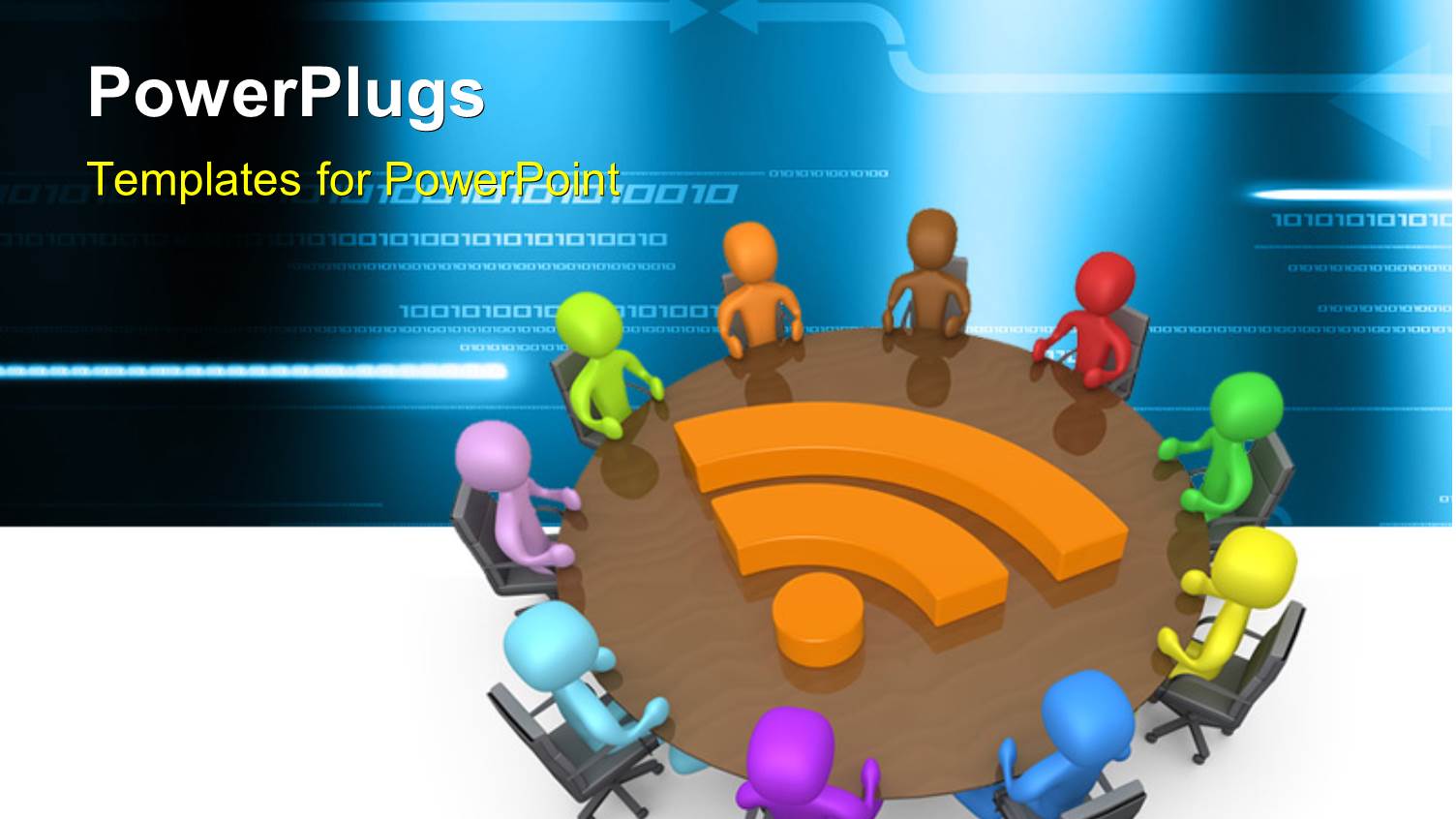 3D Colorful Human Characters in a Community Discussion Around a Table with Binary Effect in the Background