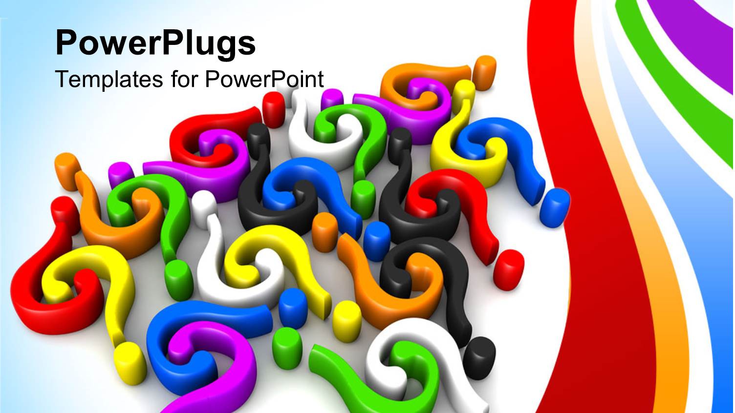 3D Colorful Question Marks and Colored Waving Lines on Gradient Blue to White Background