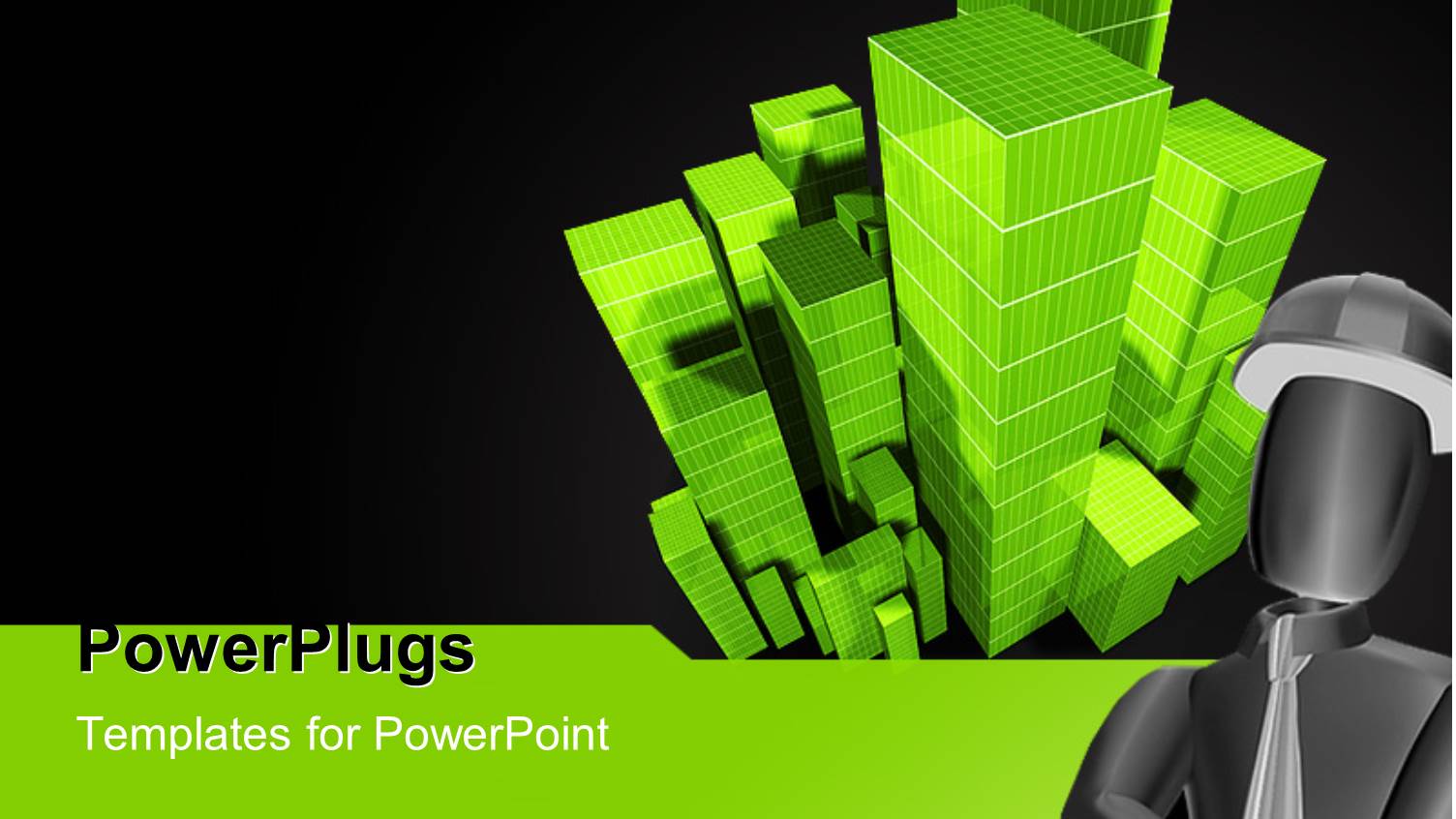 3D Construction Engineer with Green Model of Skyscrapers on Black Background