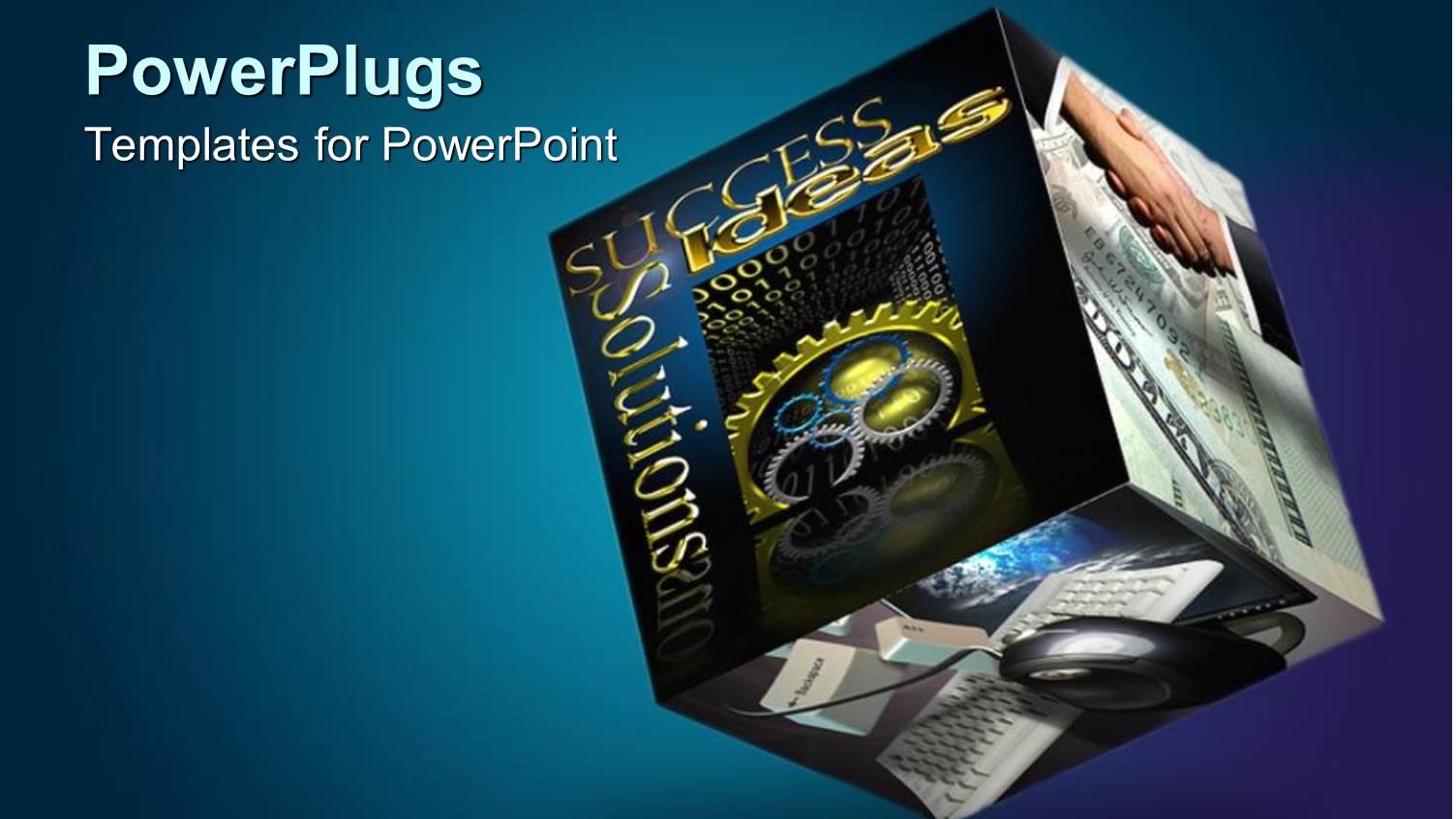 3D Cube Depicting Success, Ideas, Solutions, Two Businessmen Shaking Hands, Computer Mouse and Keyboard on Blue