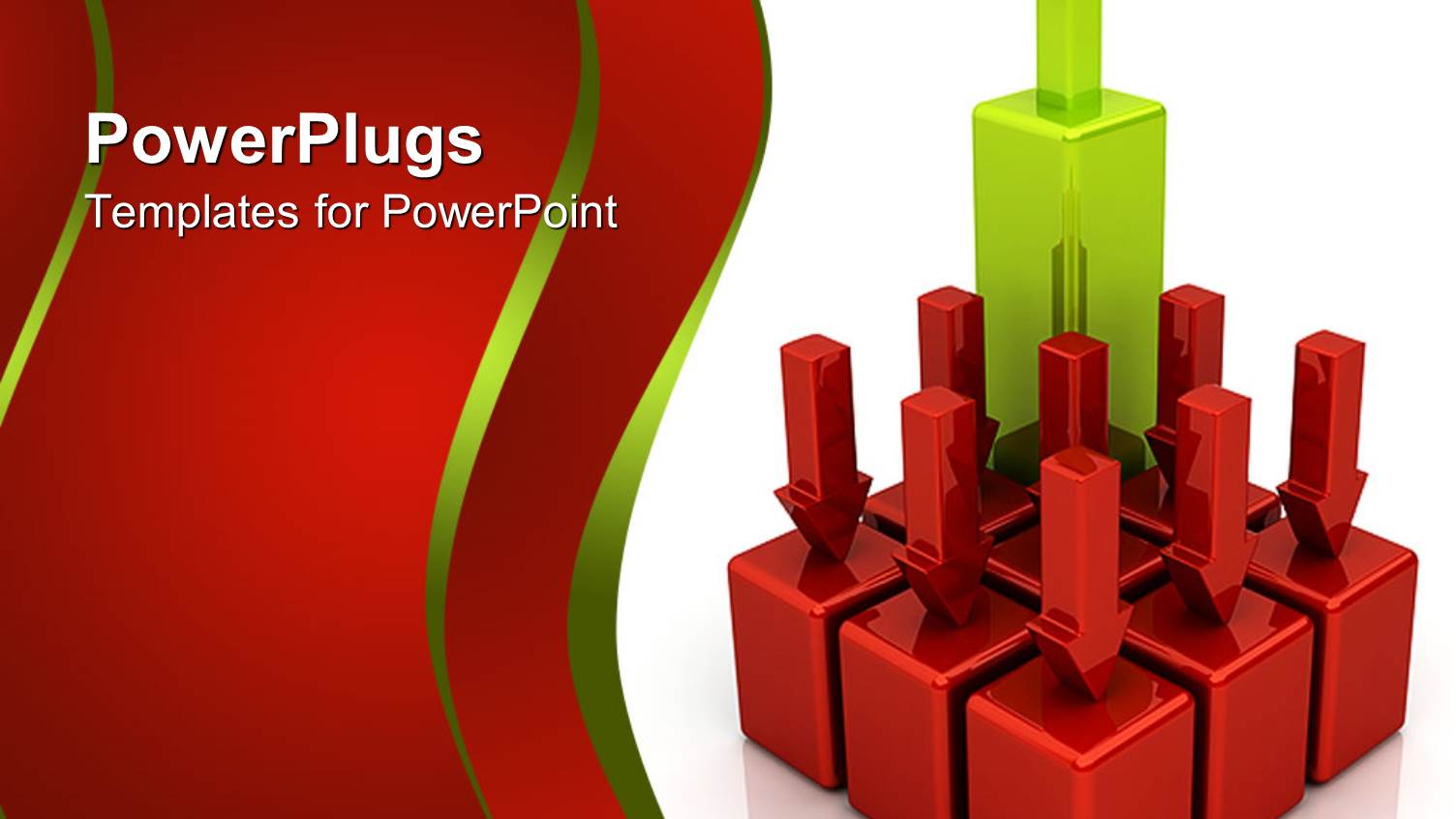 3D Depiction of Eight Red Blocks with Red Bars Pointing Downwards and One Higher Green Block with Arrow Pointing